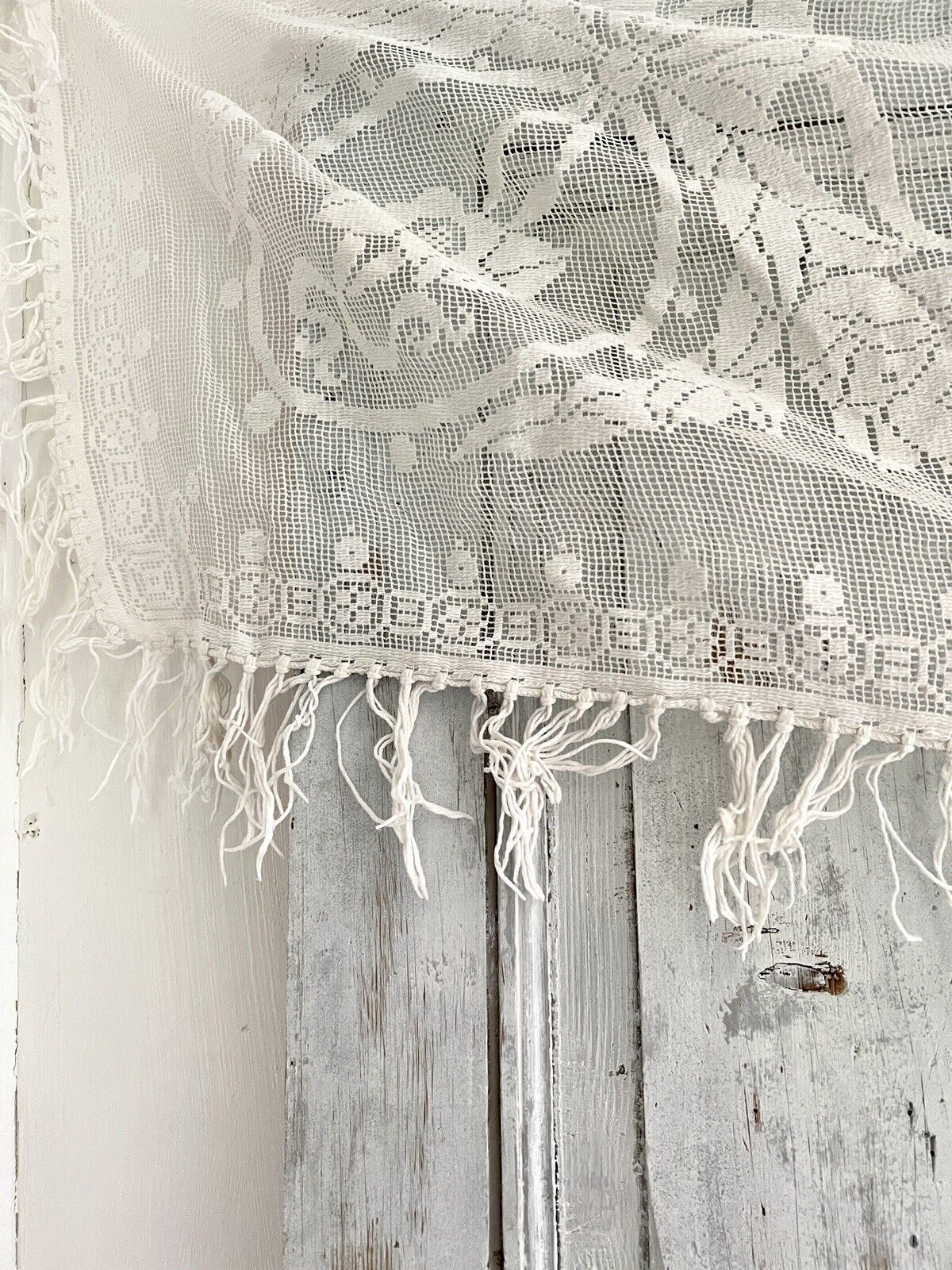 Vintage French floral MANTELPIECE COVER curtain cotton FILET LACE FRINGES c1930