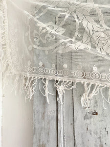 Vintage French floral MANTELPIECE COVER curtain cotton FILET LACE FRINGES c1930