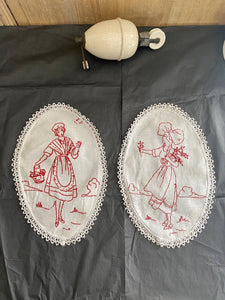 Pair vintage French DOILIES LINEN ALSATIAN napperon RED WORK c1930