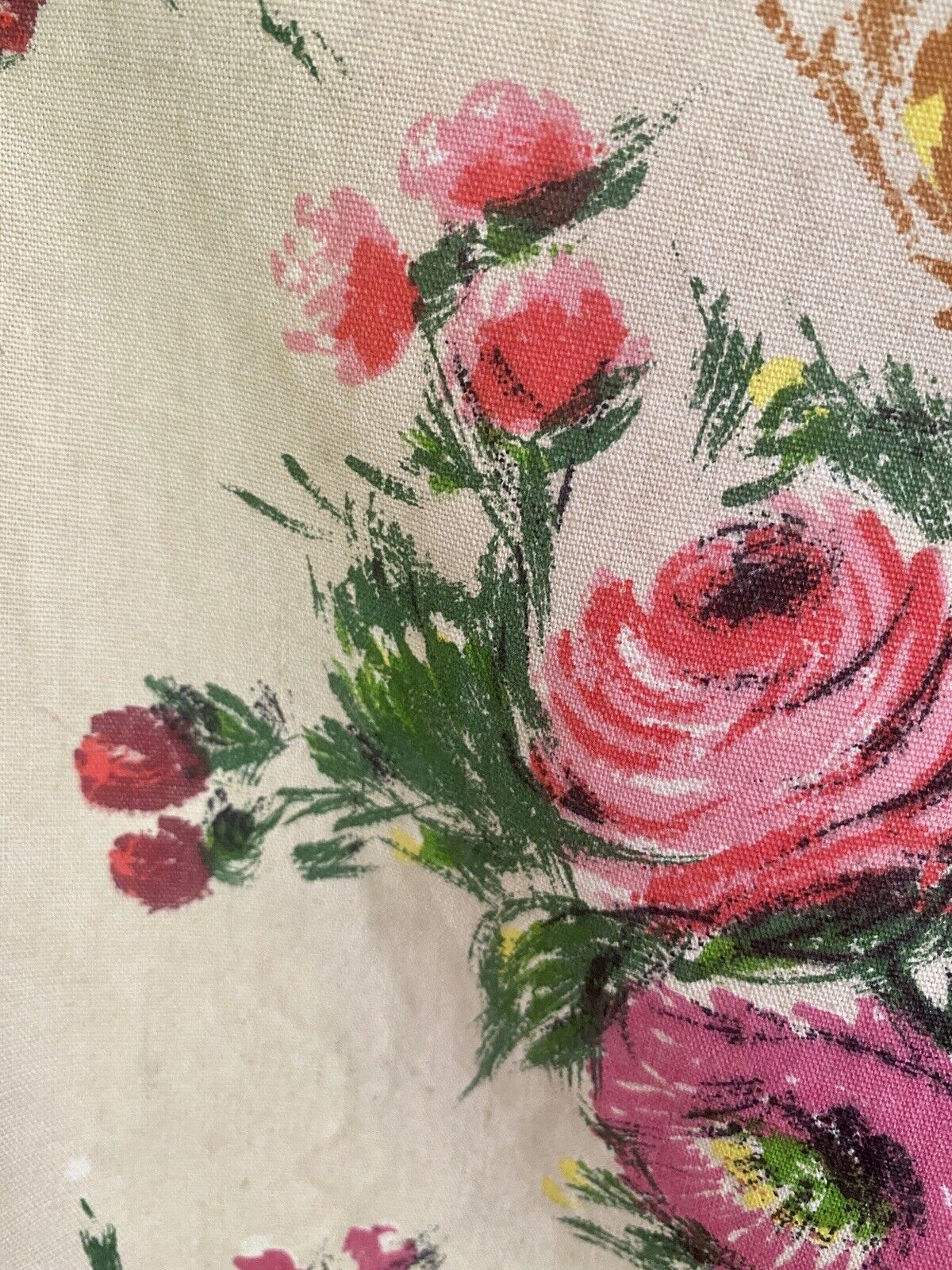 Vintage French FLORAL cotton PANEL large scale ROSES bouquets UPHOLSTERY c1950