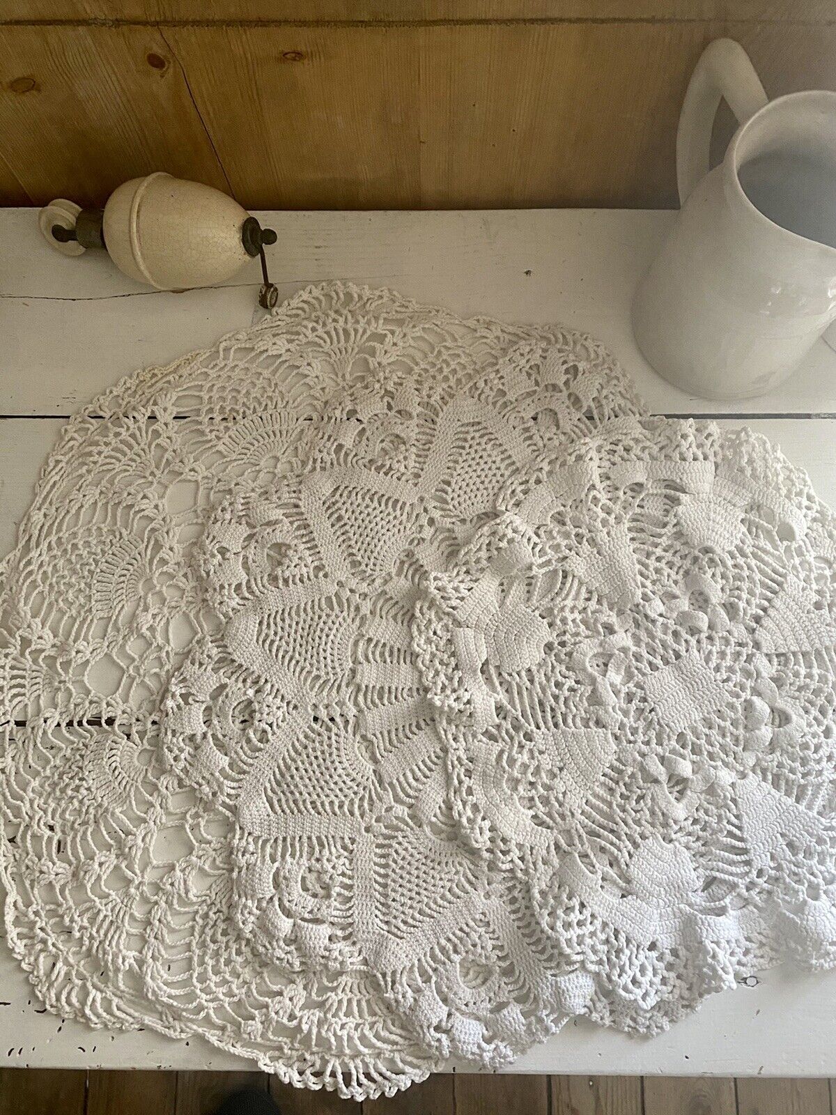 SET 3 round French HEAVY cotton FILET LACE DOILIES mat c1950