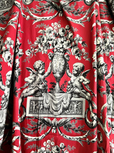 PAIR vintage French classic RED CHERUBS satin cotton CURTAINS BACKED c1950