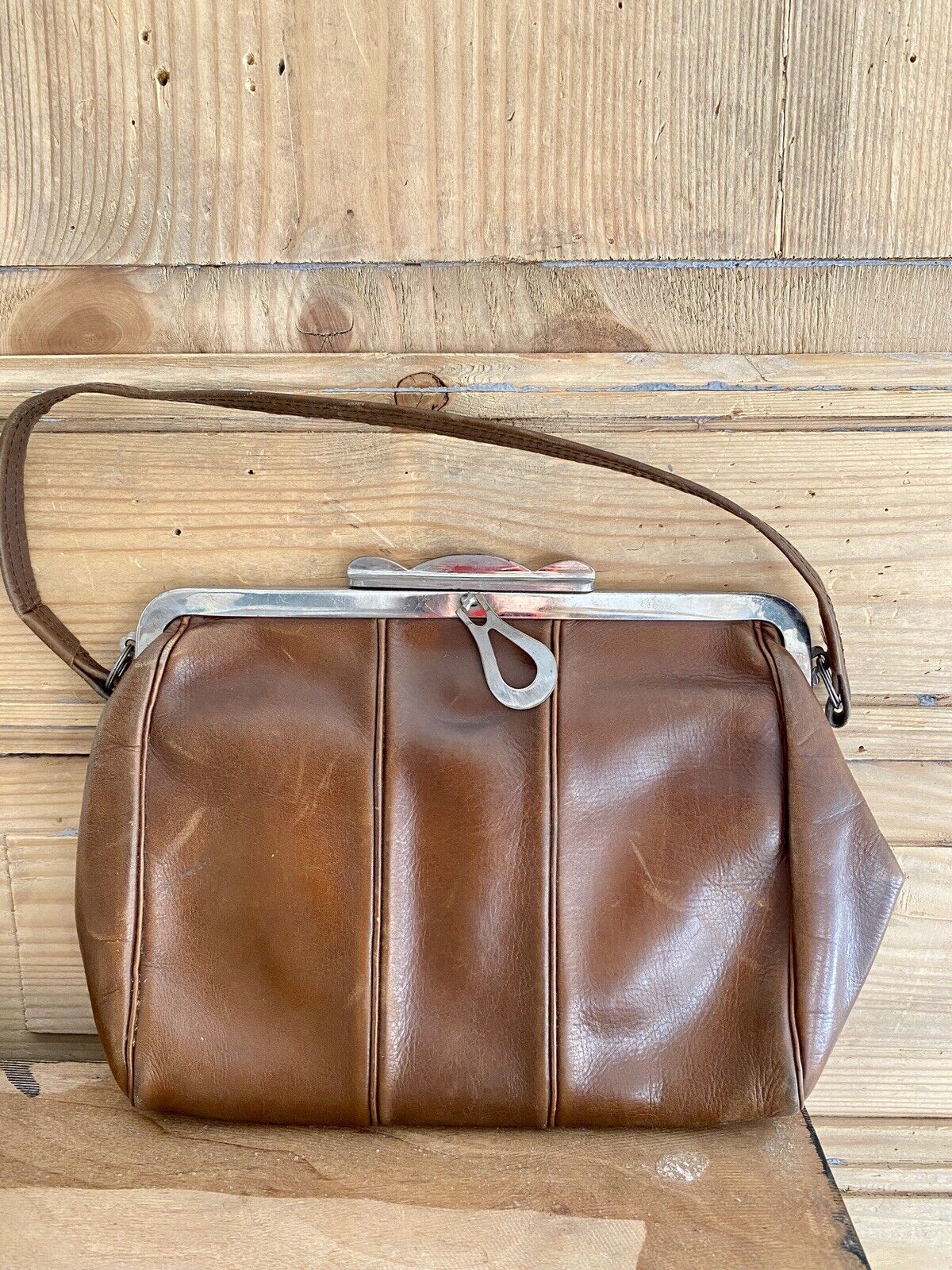 Vintage French brown LEATHER shoulder BAG c1950