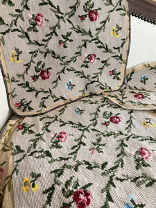 Vintage French PAIR TAPESTRY cotton chair covers floral bouquets c1950