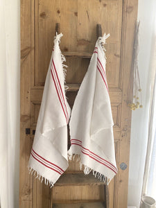 Pair antique French GUEST TOWEL cotton nid d’abeille FRINGES red LITEAU c1900