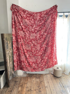 Antique French LARGE red pink FLORAL panel CURTAIN mended c1880