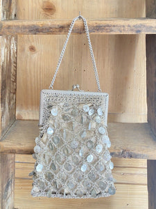 Vintage French EMBROIDERED silver SEQUIN BAG MINAUDIÈRE c1960