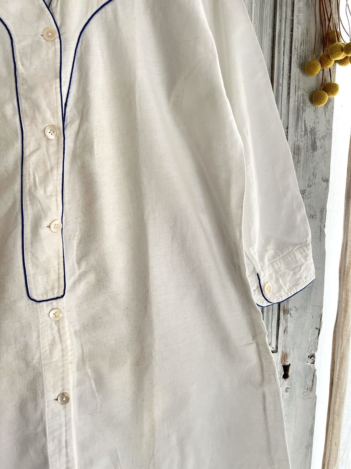 Antique French MAN brushed cotton NIGHTSHIRT blue liseret 1900