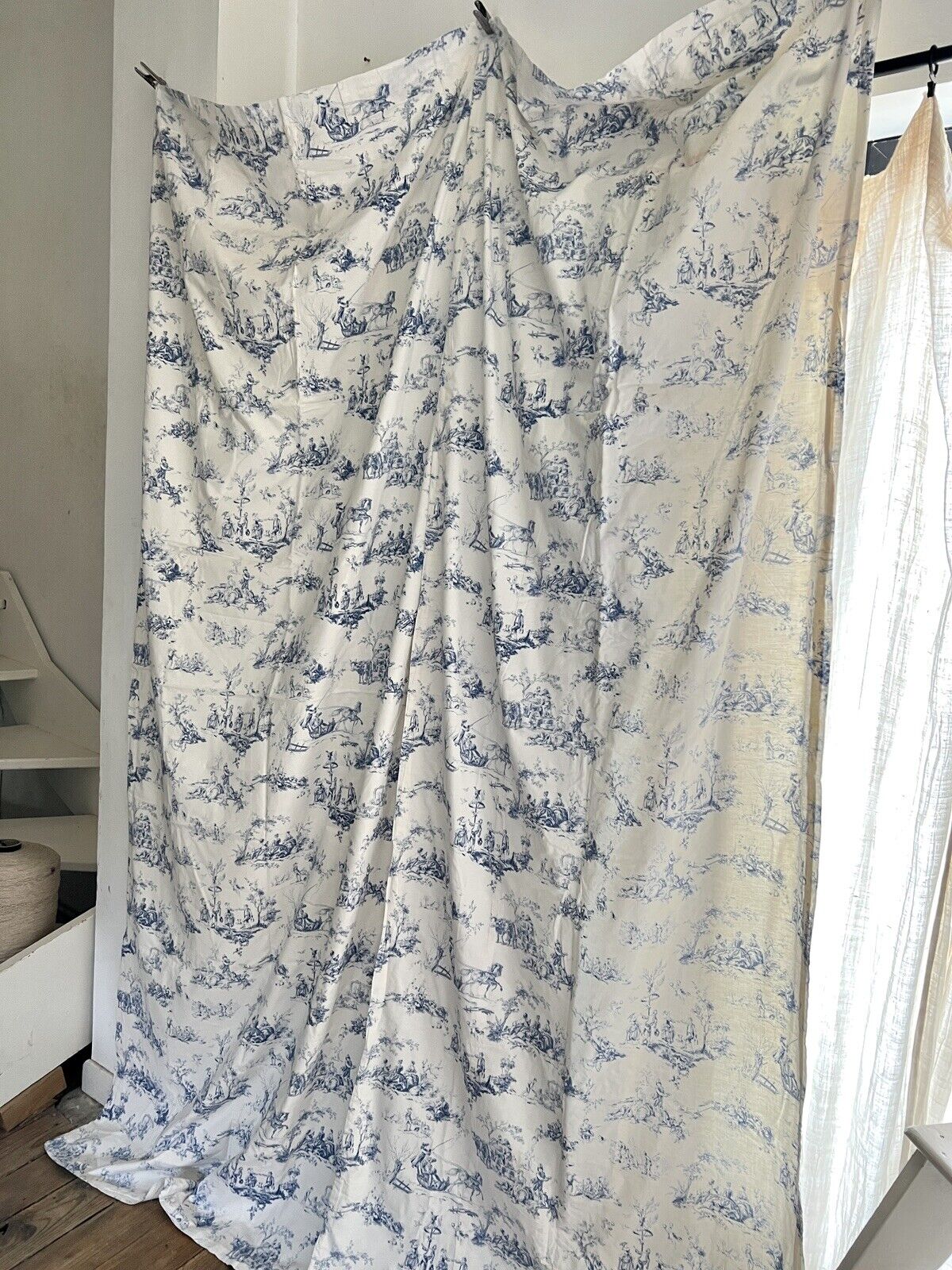 PAIR vintage French blue TOILE DE JOUY cotton PASTORAL CURTAINS BACKED c1950