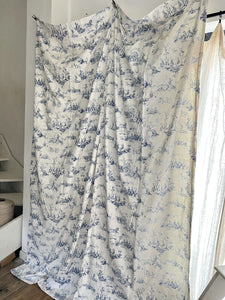 PAIR vintage French blue TOILE DE JOUY cotton PASTORAL CURTAINS BACKED c1950