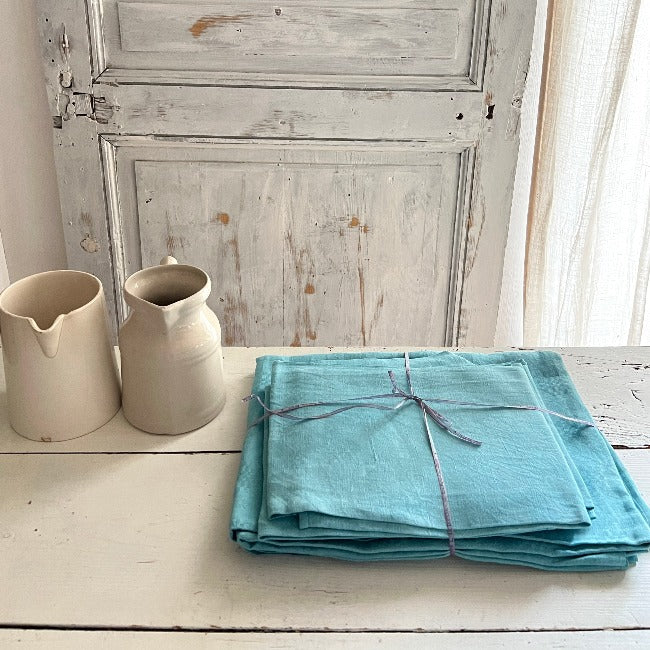 napee et 6 serviette lin damassé turquoise les toiles blanches