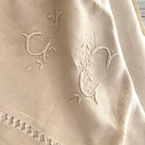 Drap ancien en fil de lin monogramme JC c1880